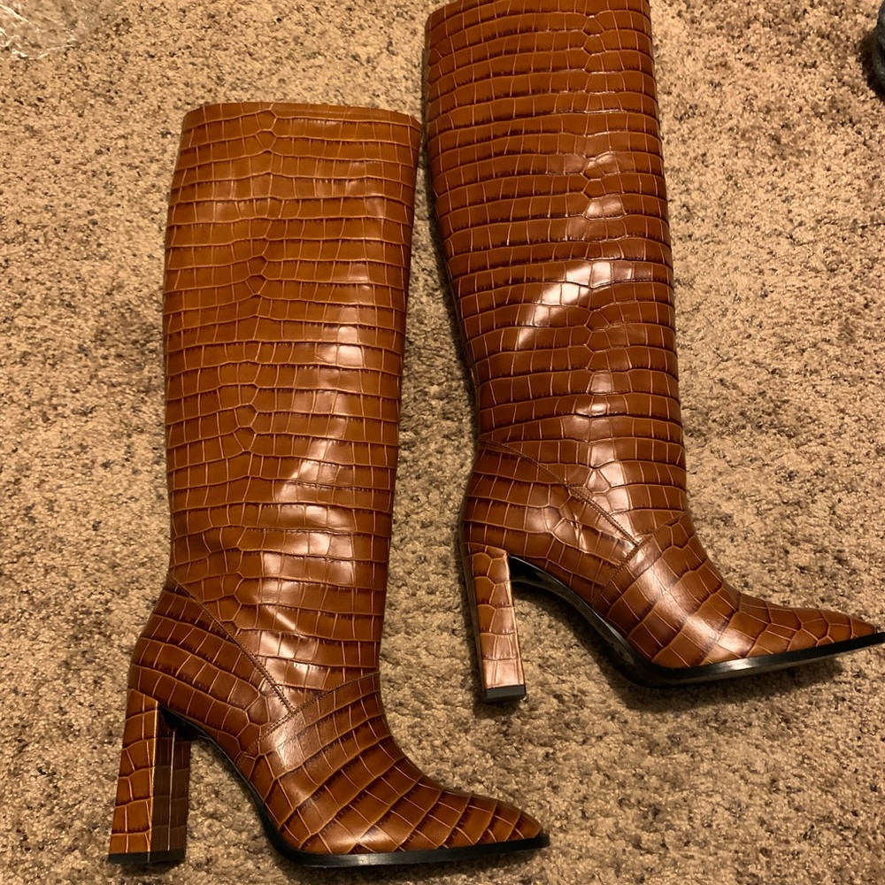 BY FAR Camilla Brown Croc-Embossed Knee-High